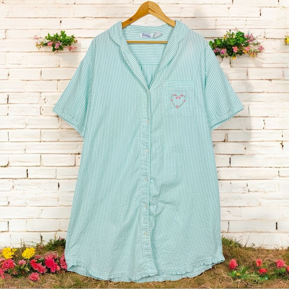 Dreams & Co. Vintage Seersucker Striped Floral Button Up Shirt Dress Nightgown L